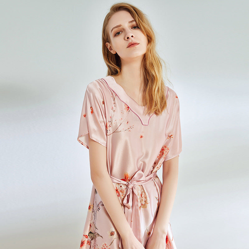 Pink Flower Print V-neck Silk Nightgown