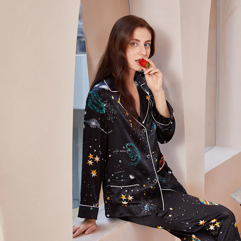 Black Stars Print Silk Long Sleeves Pajama Set