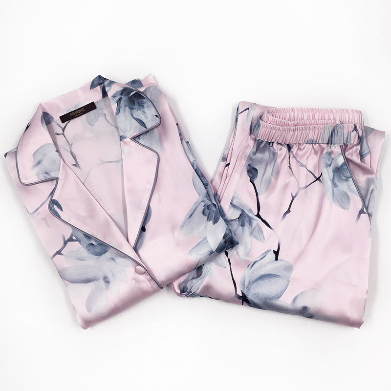 Pink Flowers Print Silk Long Sleeves Pajama Set