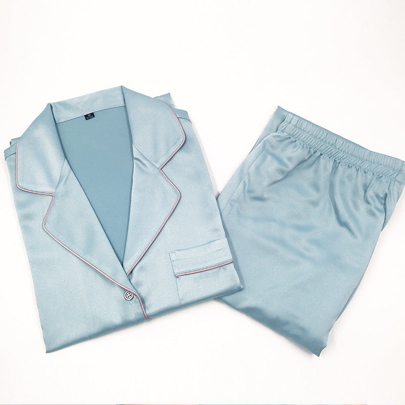 Blue Satin Short Sleeves Pajama Set