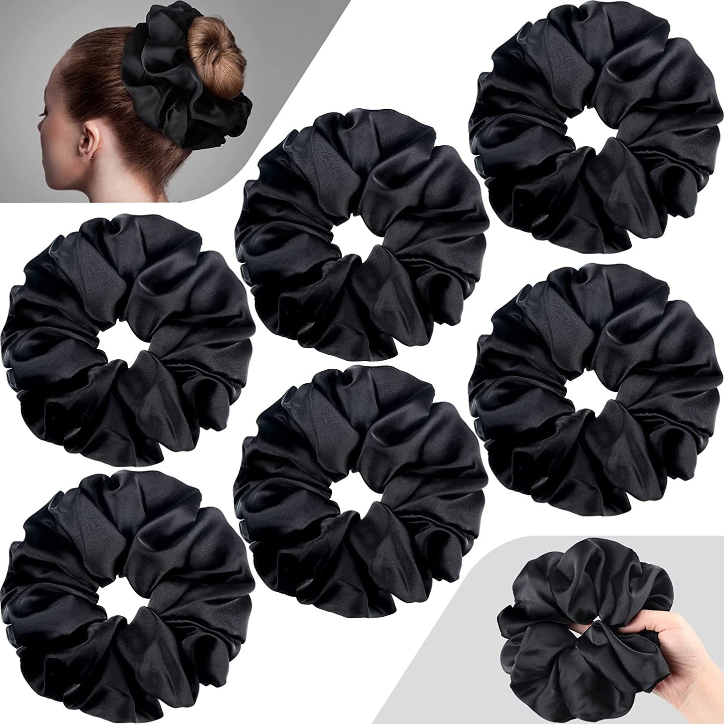 6 Pieces Oversized Black Satin Hair Scrunchies
